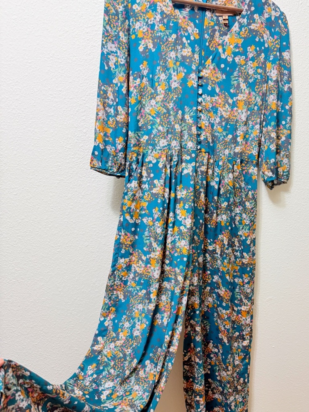 Anthropologie Kachel Blue Floral Wide Leg Jumpsuit M Boho Palazzo